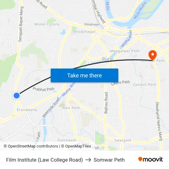 Film Institute (Law College Road) to Somwar Peth map