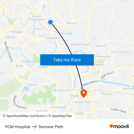 YCM Hospital to Somwar Peth map