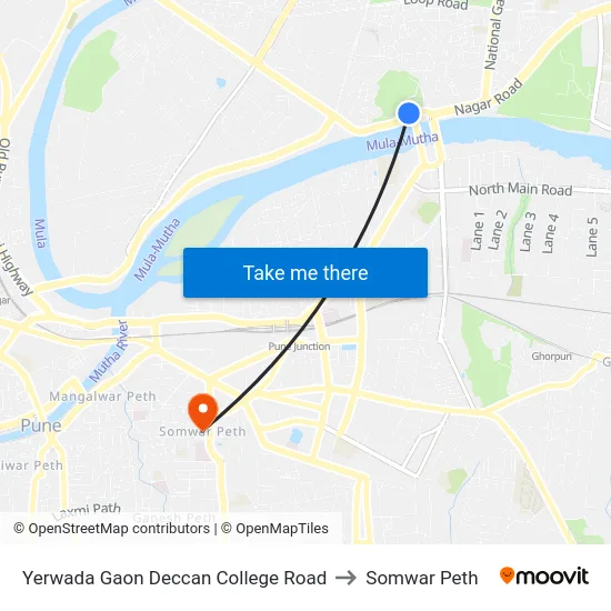 Yerwada Gaon Deccan College Road to Somwar Peth map