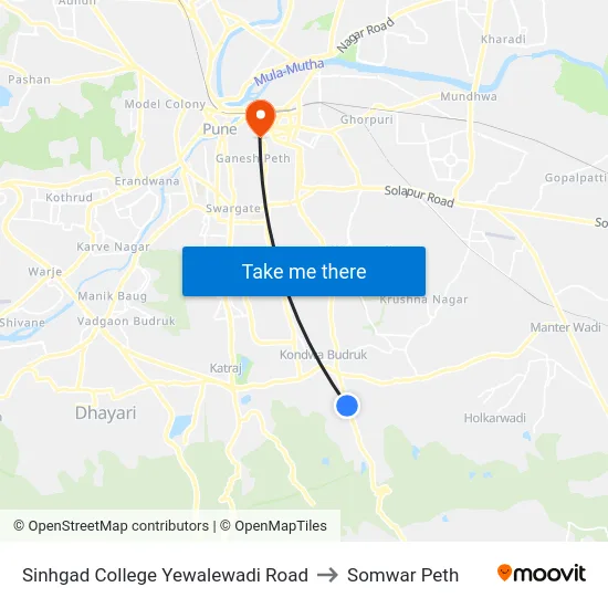 Sinhgad College Yewalewadi Road to Somwar Peth map