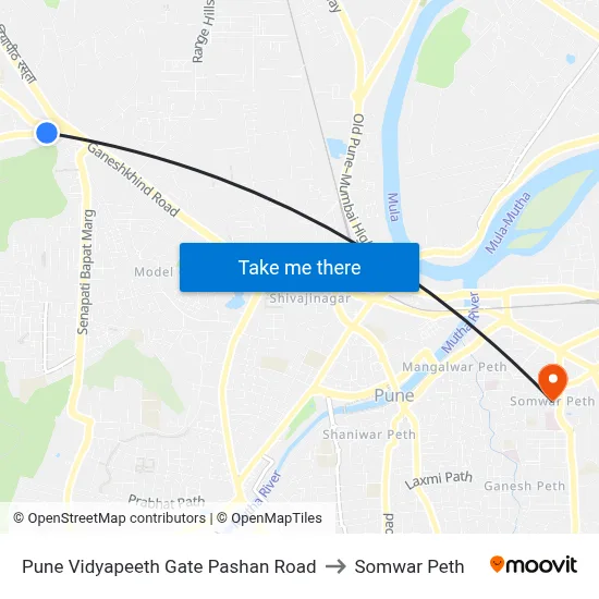 Pune Vidyapeeth Gate Pashan Road to Somwar Peth map