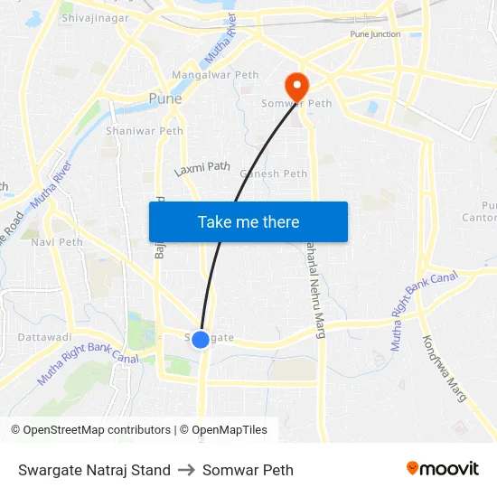 Swargate Natraj Stand to Somwar Peth map