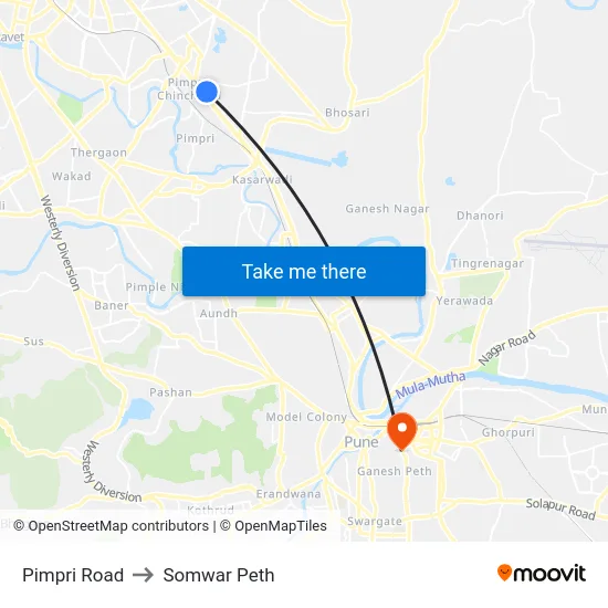 Pimpri Road to Somwar Peth map