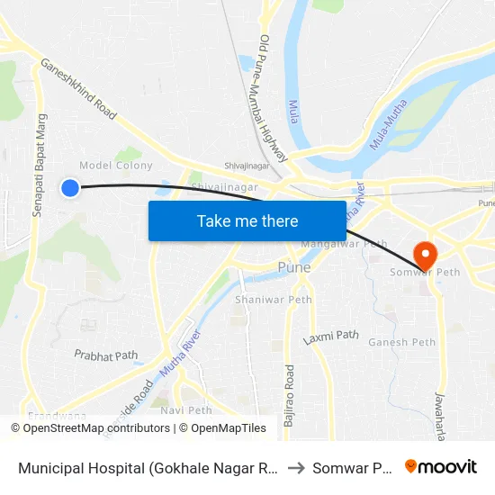 Municipal Hospital (Gokhale Nagar Road) to Somwar Peth map