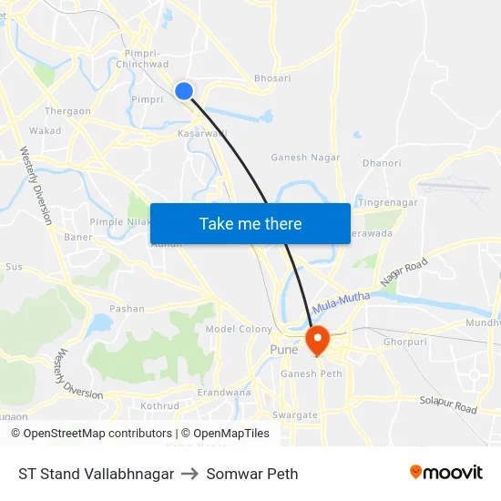 ST Stand Vallabhnagar to Somwar Peth map