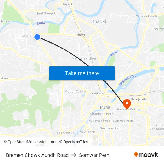Bremen Chowk Aundh Road to Somwar Peth map