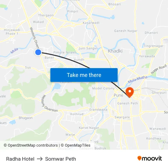 Radha Hotel to Somwar Peth map