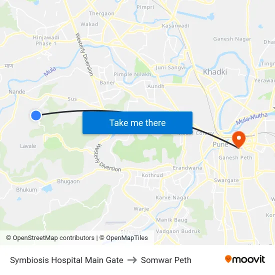 Symbiosis Hospital Main Gate to Somwar Peth map