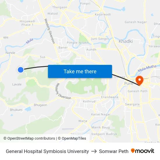 General Hospital Symbiosis University to Somwar Peth map