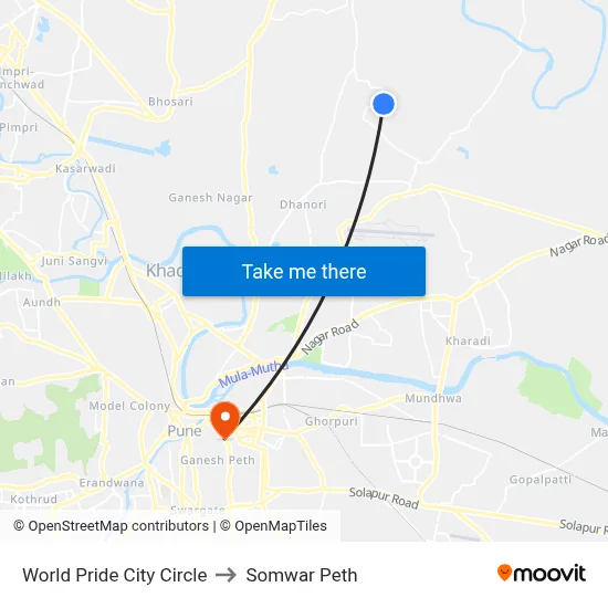 World Pride City Circle to Somwar Peth map