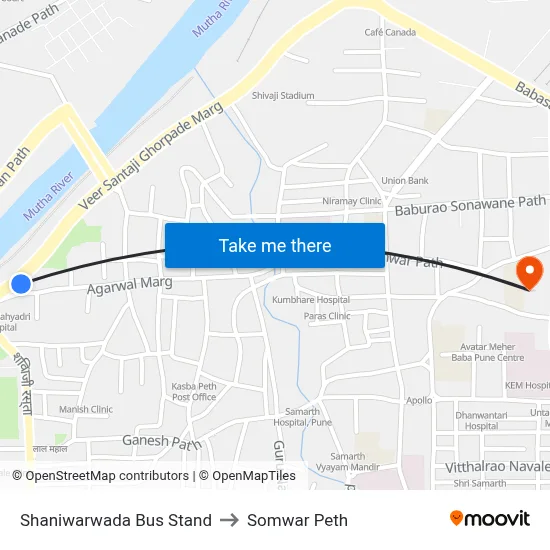 Shaniwarwada Bus Stand to Somwar Peth map