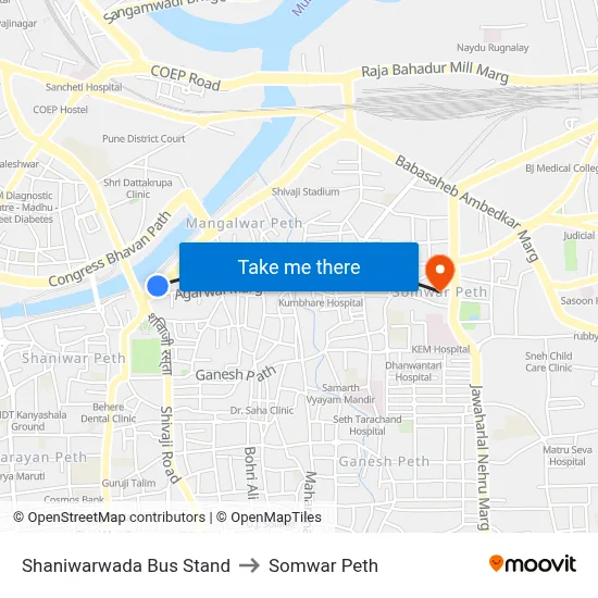 Shaniwarwada Bus Stand to Somwar Peth map