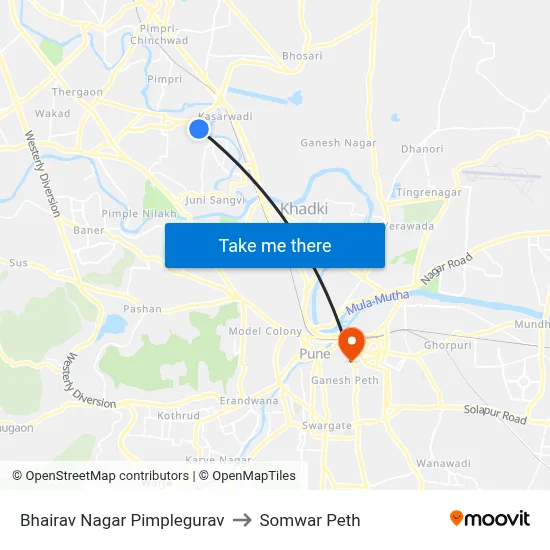 Bhairav Nagar Pimplegurav to Somwar Peth map