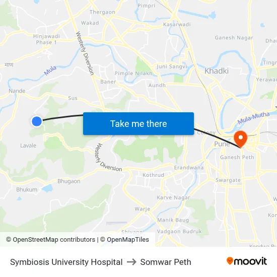 Symbiosis University Hospital to Somwar Peth map