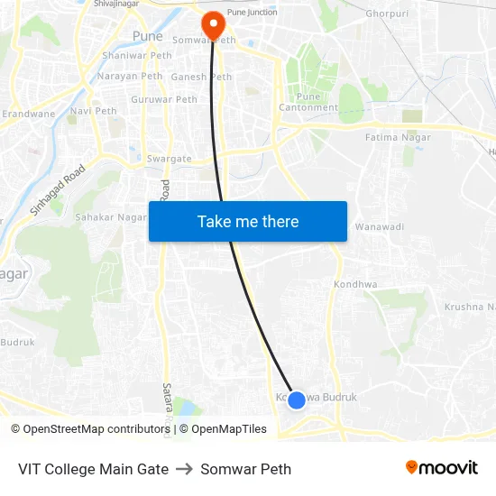 VIT College Main Gate to Somwar Peth map