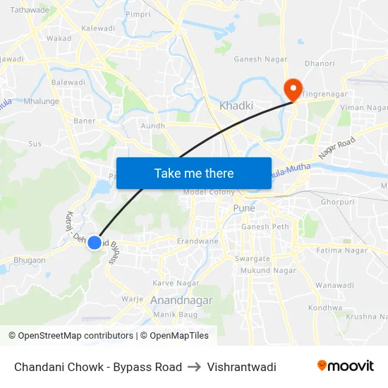 Chandani Chowk - Bypass Road to Vishrantwadi map