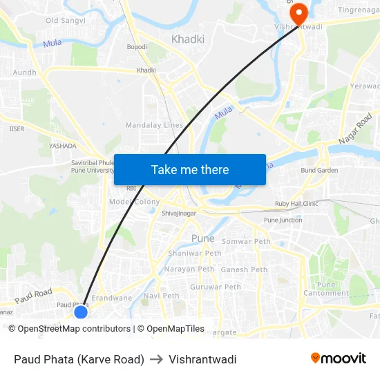 Paud Phata (Karve Road) to Vishrantwadi map