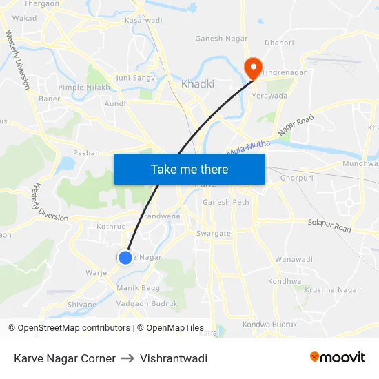 Karve Nagar Corner to Vishrantwadi map