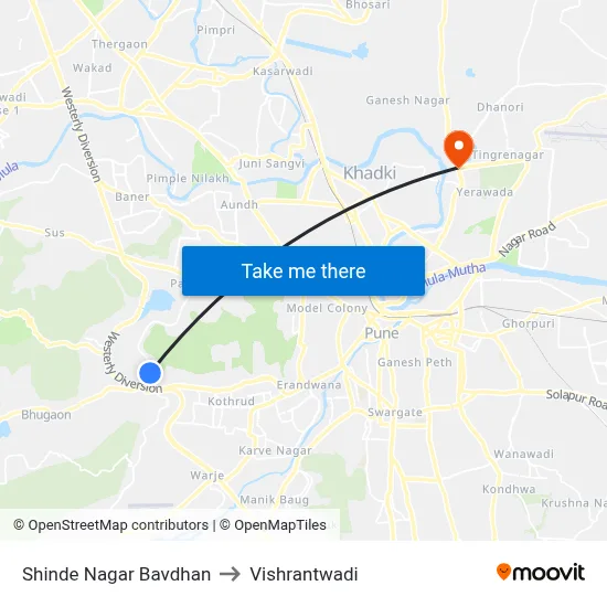Shinde Nagar Bavdhan to Vishrantwadi map