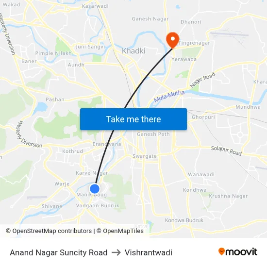 Anand Nagar Suncity Road to Vishrantwadi map