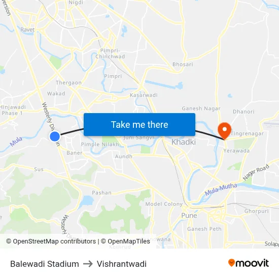 Balewadi Stadium to Vishrantwadi map