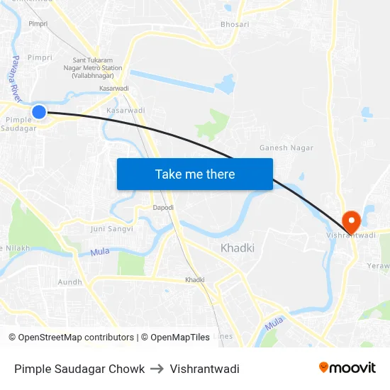 Pimple Saudagar Chowk to Vishrantwadi map