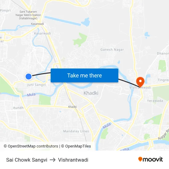 Sai Chowk Sangvi to Vishrantwadi map