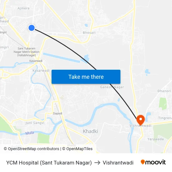 YCM Hospital (Sant Tukaram Nagar) to Vishrantwadi map