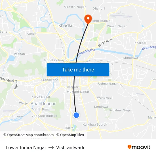 Lower Indira Nagar to Vishrantwadi map