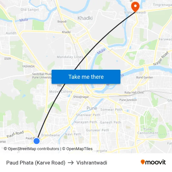 Paud Phata (Karve Road) to Vishrantwadi map