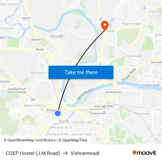 COEP Hostel (J.M Road) to Vishrantwadi map