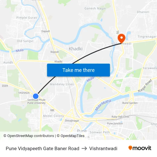Pune Vidyapeeth Gate Baner Road to Vishrantwadi map