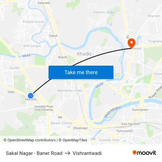 Sakal Nagar - Baner Road to Vishrantwadi map