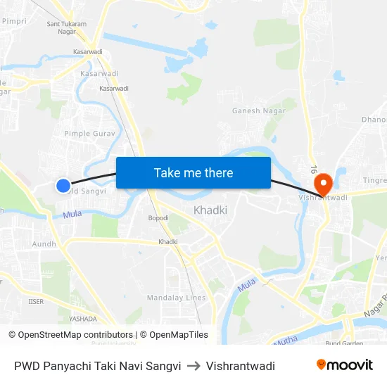 PWD Panyachi Taki Navi Sangvi to Vishrantwadi map