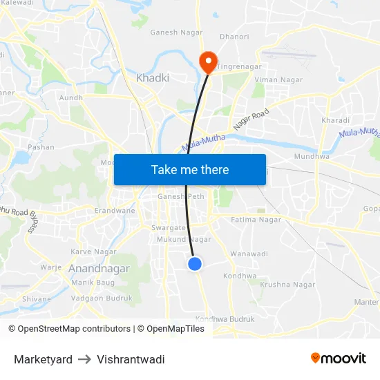 Marketyard to Vishrantwadi map