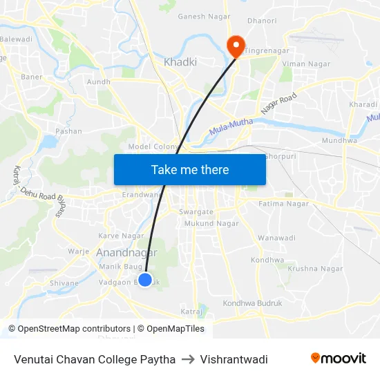 Venutai Chavan College Paytha to Vishrantwadi map