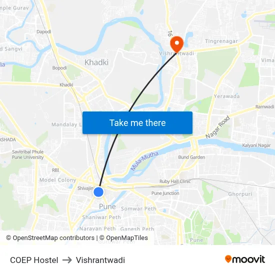 COEP Hostel to Vishrantwadi map