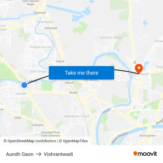 Aundh Gaon to Vishrantwadi map