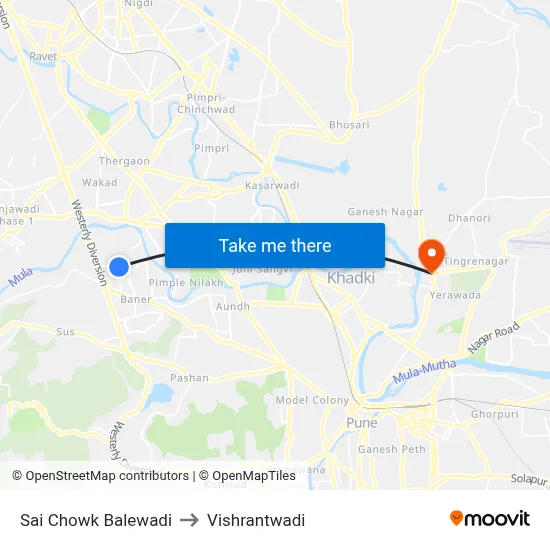 Sai Chowk Balewadi to Vishrantwadi map