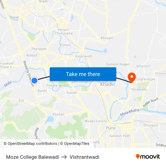 Moze College Balewadi to Vishrantwadi map
