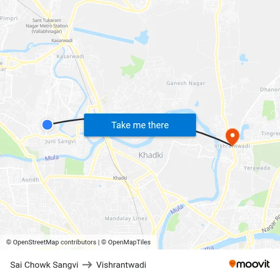 Sai Chowk Sangvi to Vishrantwadi map
