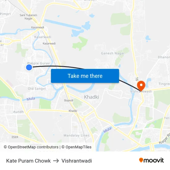 Kate Puram Chowk to Vishrantwadi map