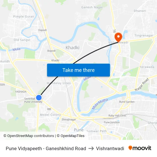 Pune Vidyapeeth - Ganeshkhind Road to Vishrantwadi map