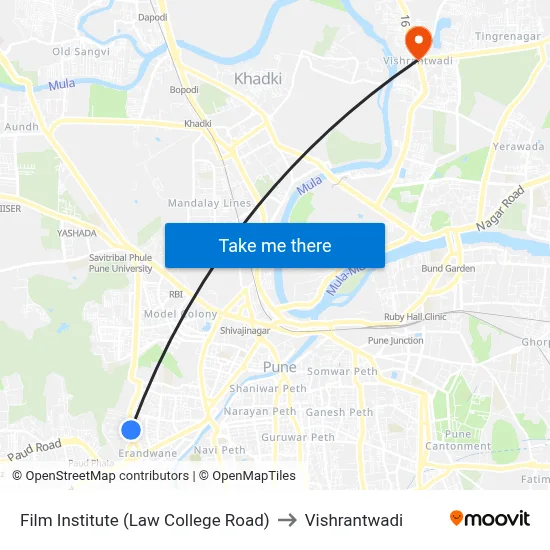 Film Institute (Law College Road) to Vishrantwadi map