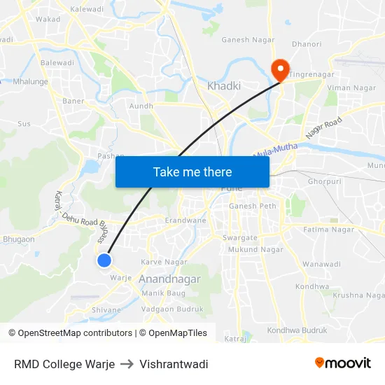 RMD College Warje to Vishrantwadi map