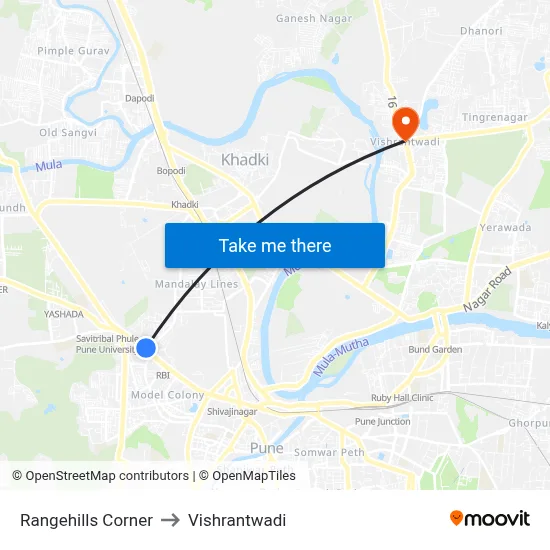 Rangehills Corner to Vishrantwadi map