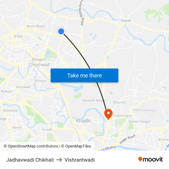 Jadhavwadi Chikhali to Vishrantwadi map