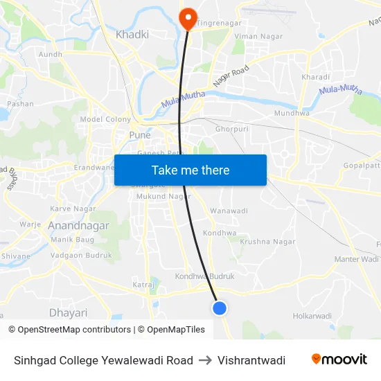 Sinhgad College Yewalewadi Road to Vishrantwadi map