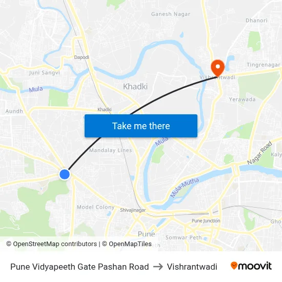 Pune Vidyapeeth Gate Pashan Road to Vishrantwadi map