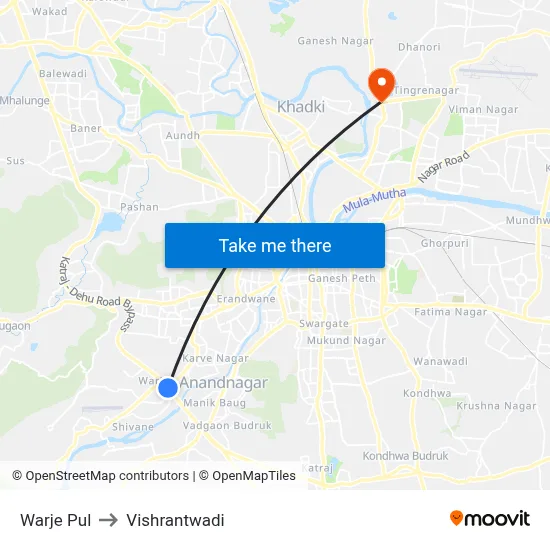 Warje Pul to Vishrantwadi map